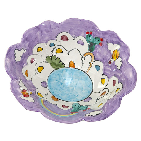 Cestino smerlato in ceramica Vietrese - Decoro Casette