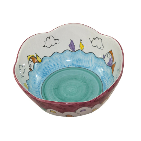 Coppa Margherita ceramica Vietrese decoro casette mezzo fondo rosso
