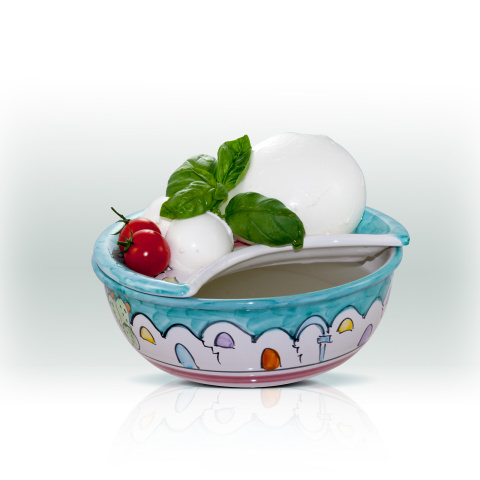 Porta mozzarella in ceramica Vietrese - Decoro Casette 