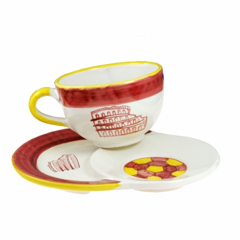 Tazza del Tifoso della Roma con piattino doppio in ceramica Vietrese