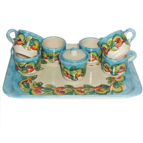 Set 6 tacitas azucarera bandeya decoro fruta mezzo fondo celeste