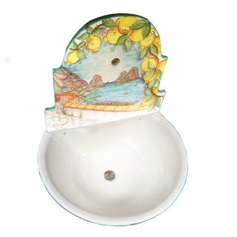 Fontana da Giardino da muro con vasca tipo Acquasantiera in Ceramica di Vietri - Limoni