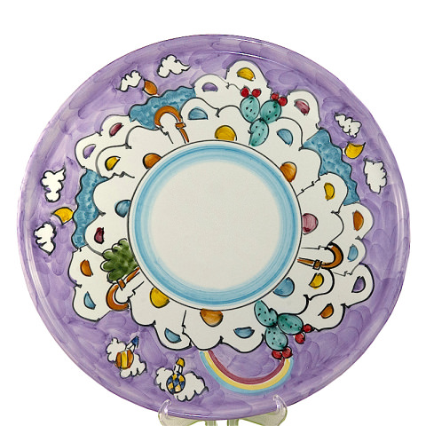 Piatto per Pizza in ceramica di Vietri, casette lilla.