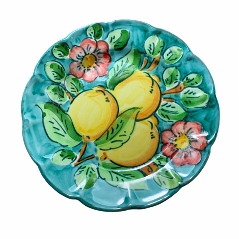 Piatto tipo Vietri frutta/dolce - decoro Limoni fondo verde