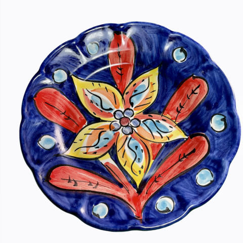 Placa tipo Vietri con decoración de frutas / dulces Estrella de mar Fondo azul
