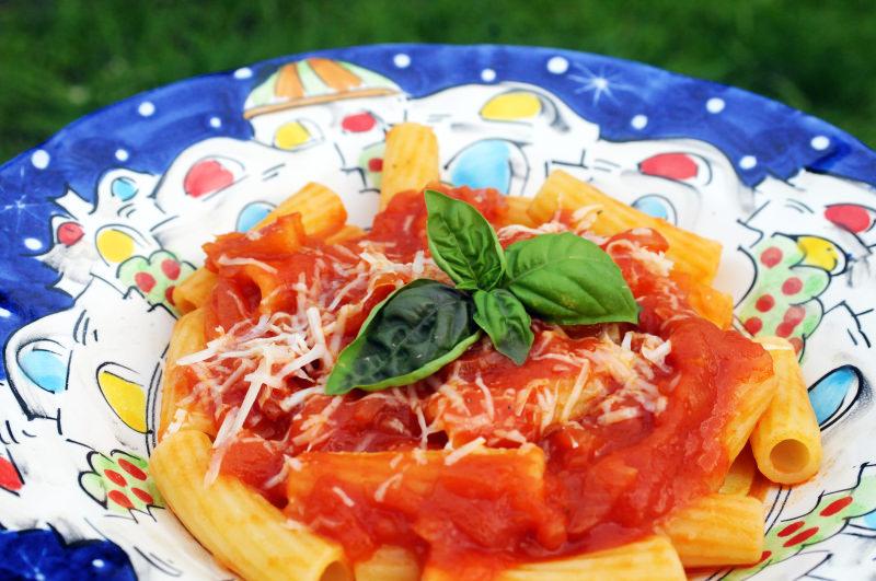 Pasta with Tomato Served in our Vietri Ceramic Plate with Blue Casette decoration