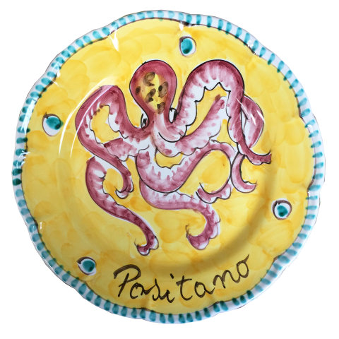 Línea platos Positano decoración de pulpo fondo amarillo