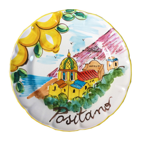 Piatto tipo Vietri decoro Positano con Limoni bordo giallo