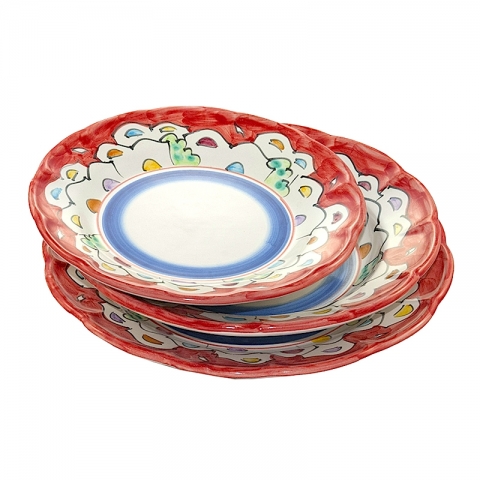 Set Servizio da 3 Piatti tipo Vietri, decoro casette fondo rosso