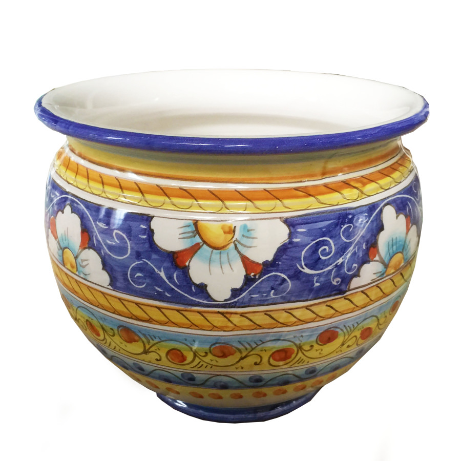 Cachepot Porta Vaso Ceramica Vietri decorato a mano Made in Italy 16cm Fiori Blu 