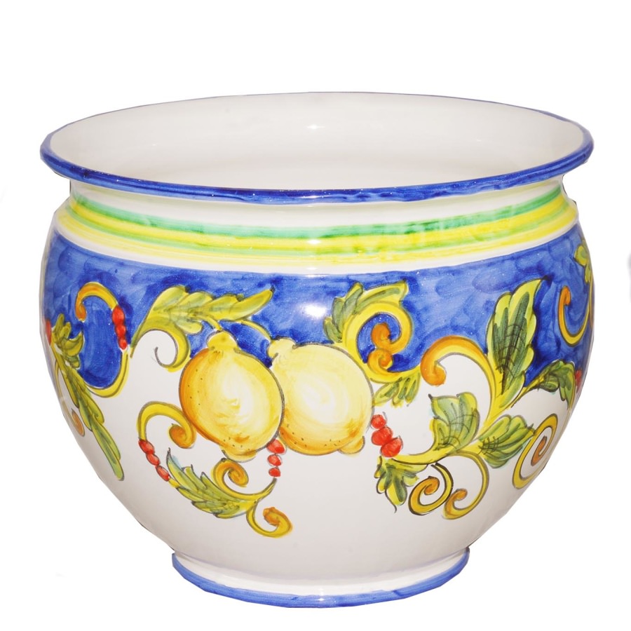 Cache pot Vase pour plantes en céramique précieuse, application de citrons  et fleurs d'oranger sur fond vert, d 30 cm env. RCR m
