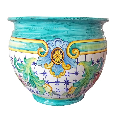 Barattolo Sale grosso cm.18 Decoro Barocco con limoni fondo turchese -  ceramica Vietri in italy
