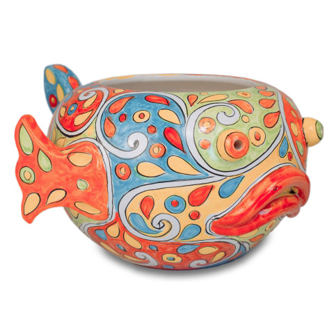 Cachepot (porta pianta) in ceramica Vietrese a forma di pesce - arancio