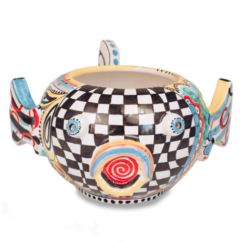 Cachepot (porta pianta) in ceramica Vietrese a forma di pesce bianco e nero